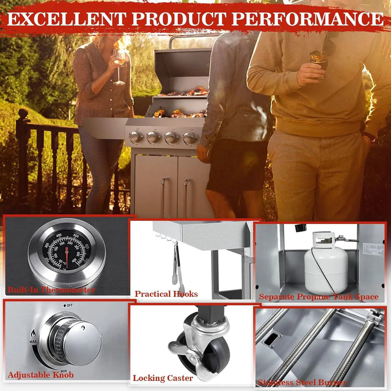 Llamaviva 68,000 BTU 5-Burner Propane Gas Grill with Side Burner & Food Clip | Professional Stainless Steel Outdoor BBQ Grill | 647 sq in Cooking Space + Warming Rack | Patio Cart Design for Backyard by GreenHaven Gardens
