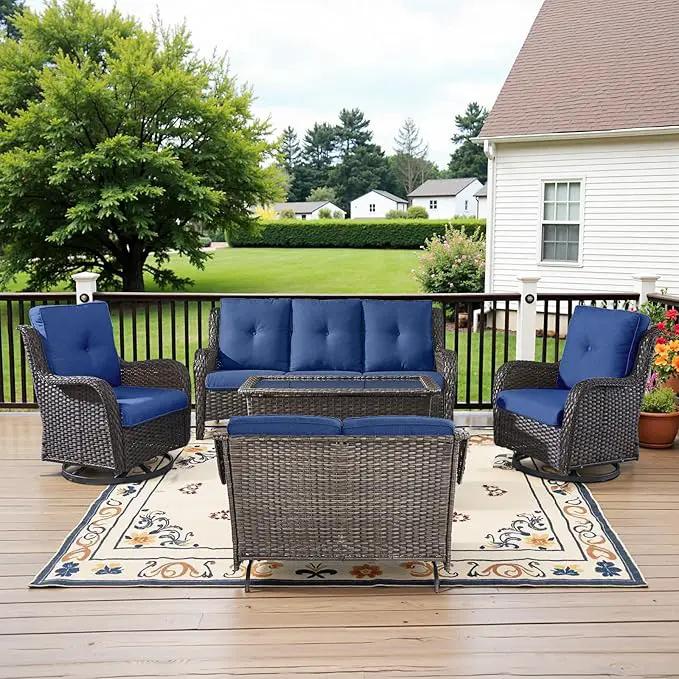 5 Piece Outdoor Patio Furniture Set - Outdoor Conversation Couch and Loveseat Glider Chair Furniture Set with Rattan Coffee Table for Deck Balcony Poolside Brown Wicker/Blue Cushions by GreenHaven Gardens
