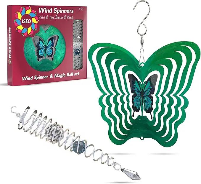 ISEO Butterfly Wind Spinner and Gazing Ball Set, Metal Wind Spinner Garden Decor, Hanging Garden Decorations, Weather-Resistant Outdoor Wind Spinners, 6.5" Spinner Garden Décor by GreenHaven Gardens