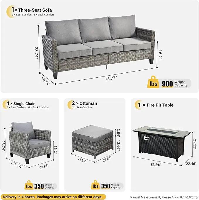 ovios 8 Pieces Patio Furniture Set with 54" Fire Pit Table, Outdoor Wicker Sofa with Comfy Cushions, All Weather High Back Rattan Couch Conversation Set, Dark Grey by GreenHaven Gardens