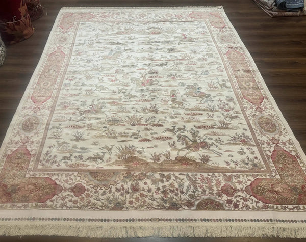 Large Turkish Silk Rug 8x10, Ivory, Hunting Design, Bamboo Silk, New, photo 2 of 13