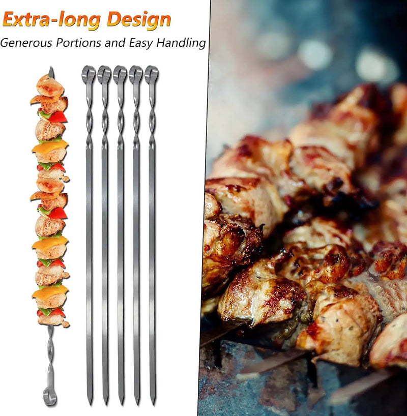 Hakka Stainless Steel Barbecue Skewers, 23" Heavy Duty Metal Skewers Large Wide Grilling Reusable Kabob Sticks with NonSlip Ring Handle,Set of 10 by GreenHaven Gardens