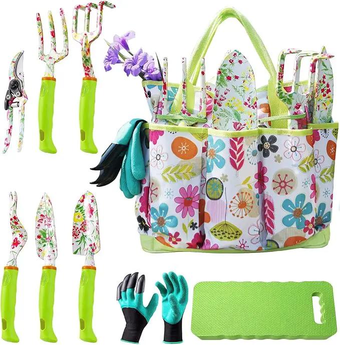 NAYE Garden Tool Set,Cute Gardening Gifts for Women,Birthday Gifts for Mom,Heavy Duty Tool Kit with Gloves,Garden Tote,Kneeling Pad,Hand Pruner,Trowel,Hand Rake,Weeder,Fork,Transplanter,Multicolor by GreenHaven Gardens