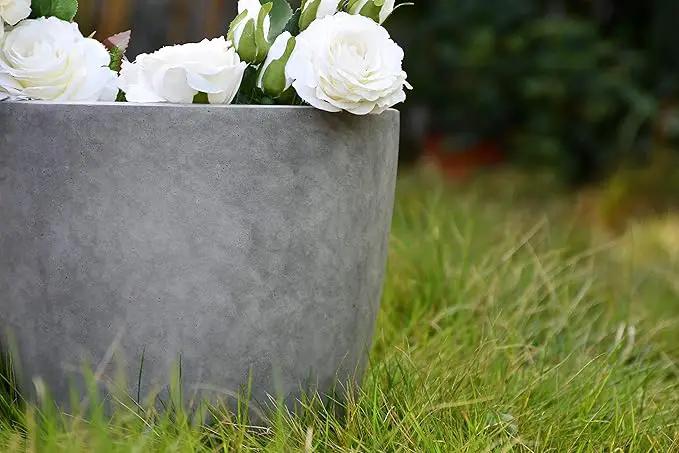 Kante 14 Inch Dia Round Concrete Planter, Indoor Outdoor Large Plant Pot with Drainage Hole and Rubber Plug for Home Patio Garden, Natural Concrete by GreenHaven Gardens
