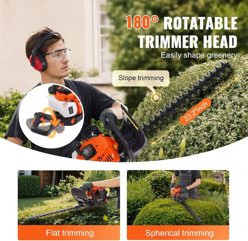 VEVOR Gas Hedge Trimmer 2 Cycle, 23.2-Inch 26cc Dual Sided Blade, Handheld, Lightweight, EPA, CE, EMC Certified, Ideal for Trimming Shrubs and Bushes, Includes Blade Cover, Gloves and Ear Protectors by GreenHaven Gardens