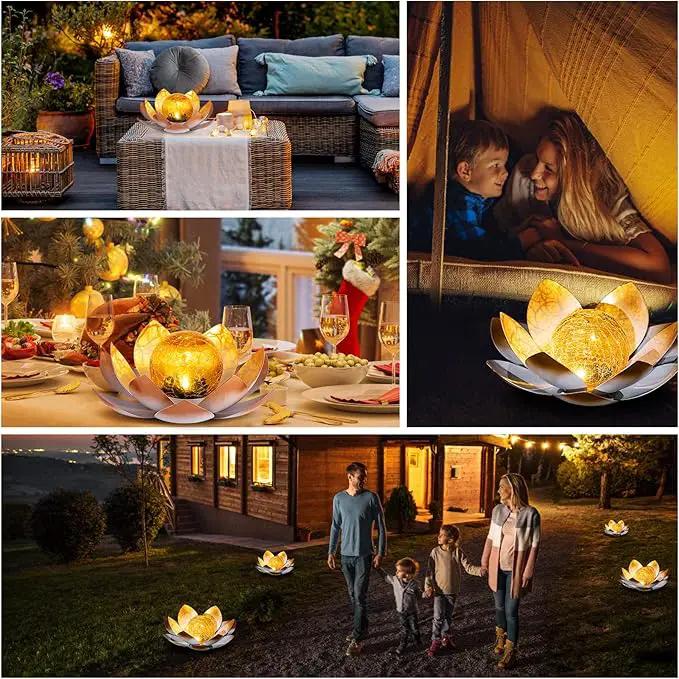 Huaxu Solar Lights Outdoor Garden Decorative Art Metal Lotus Cracked Glass Ball Waterproof Decorations for Pathway Lawn Patio Yard Ground Tabletop Gifts by GreenHaven Gardens
