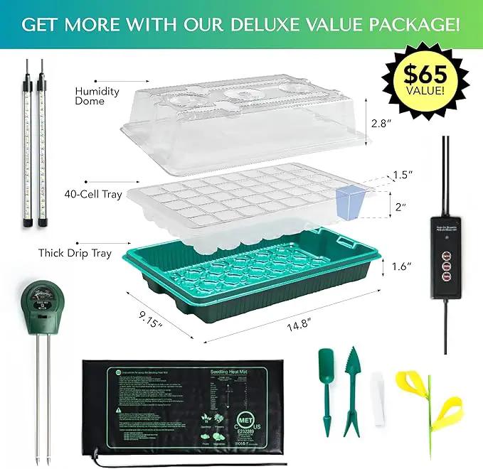 Upgraded Seed Starter Tray with Grow Lights and Heat Mat, 3-in-1 Soil Meter, & Sticky Gnat Traps, 40-Cell Seed Growing Tray, Germination & Plant Propagation Station for Indoor Plants by GreenHaven Gardens