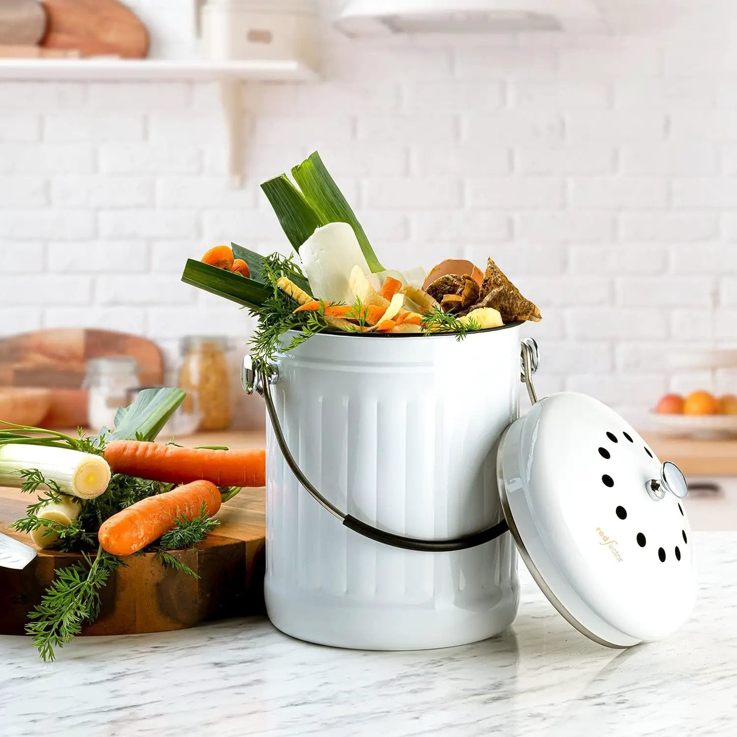 RED FACTOR Premium Compost Bin for Kitchen Countertop - Stainless Steel Food Waste Bucket with Innovative Dual Filter Technology - Includes Spare Filters (White, 1.3 Gallon) by GreenHaven Gardens