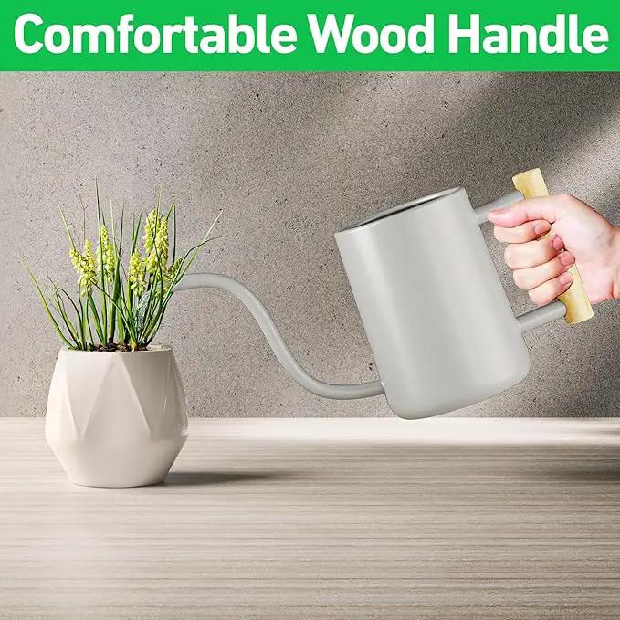 35 oz Metal Small Indoor Watering Can with Long Spout & Real Wood Handle for House Plants, Succulents, Cacti & Seedlings - Gray Long Spout Watering Can Indoor Plants - Stylish, Gentle Flow, No Spills by GreenHaven Gardens
