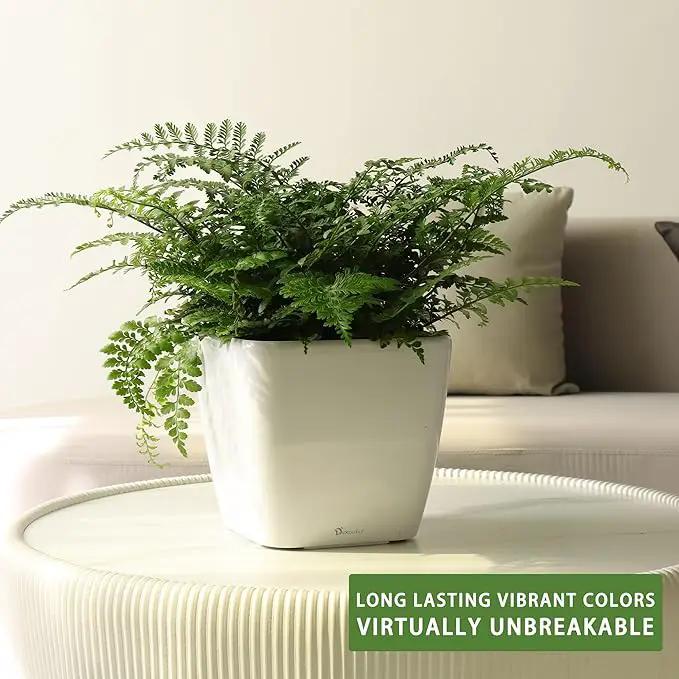 Dexceder 9x8 Self Watering Planter Indoor Outdoor, Inner Mat Design, Thickened Table Flower Plant Pot with Water Level Indicator (White High Gloss) by GreenHaven Gardens