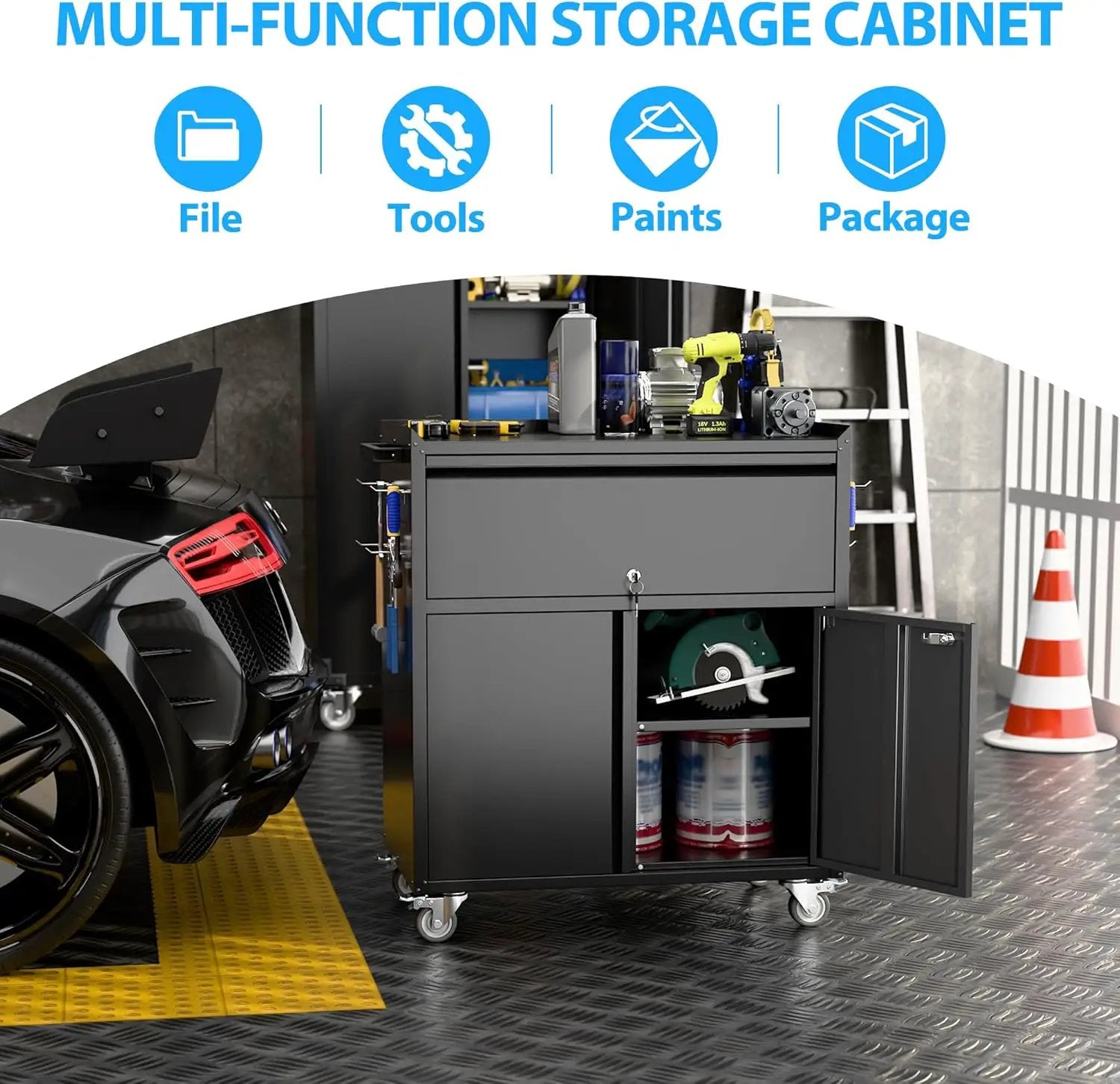 Metal Garage Storage Cabinet with Wheels and Pegboard, 35.4" H Lockable Tool Storage Cabinet with One Drawer, Adjustable Shelf and 4 Hooks for Garage, Warehouse, Black by GreenHaven Gardens