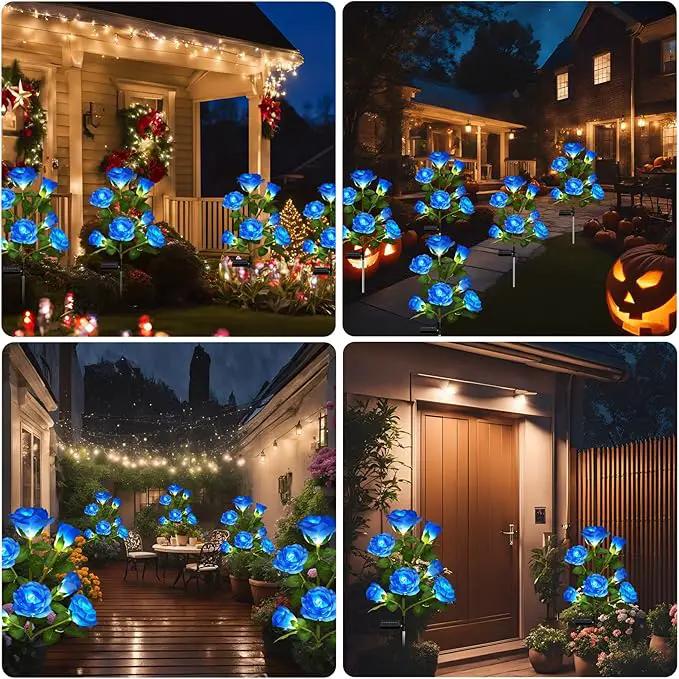 1 Pack Solar Garden Lights Outdoor, 7-Flower Rose Solar Lights for Yard, LED Solar Powered Stake Lights for Patio Pathway Lawn Fence Cemetery, Blue by GreenHaven Gardens