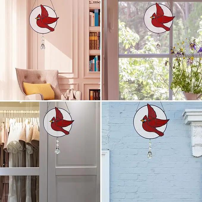 Cardinal Stained Glass Suncatchers for Windows Hangings Decorative,Red Love Birds Sun Catchers with Crystal Indoor Ornaments,Memorial Gifts for Women,Sun Catchers by GreenHaven Gardens