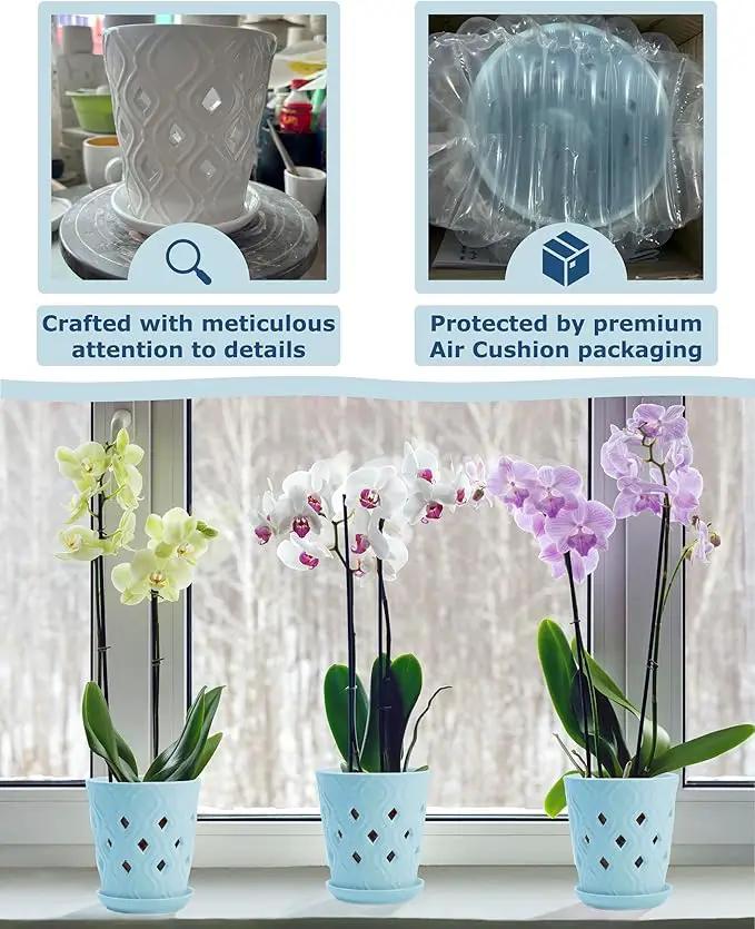 Whispering Winds Ceramic 5 x 6 Inch Orchid Pot with Holes & Saucer for Aeration and Drainage - Decorative Orchid Pots for Repotting, Prevent Over Watering & Root Rot (Charlotte Blue) by GreenHaven Gardens