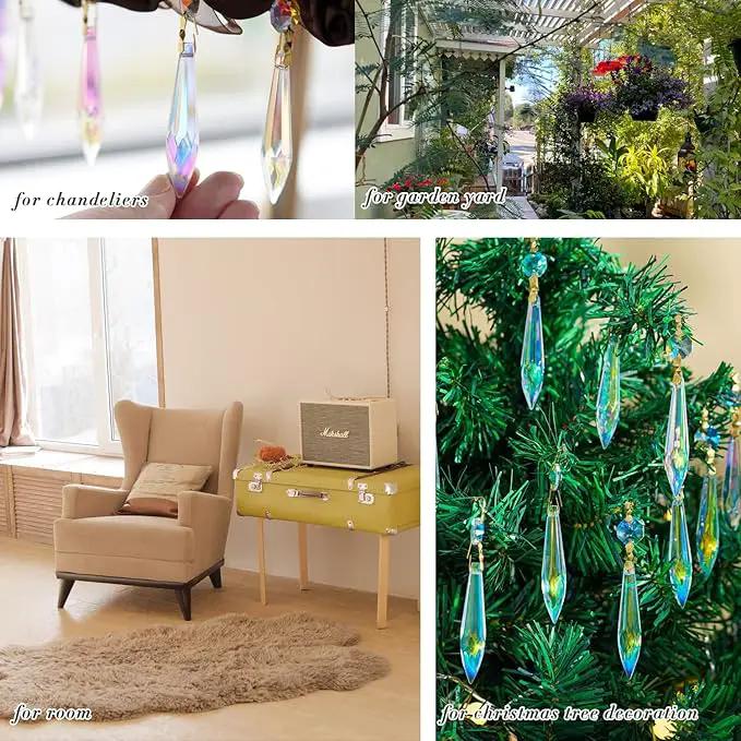 20pcs Large Colorful Crystal Prisms for Chandeliers Suncatchers, 63mm Crystal Icicle U-Drop Prisms Lamp Parts with Metal Bow Clips by GreenHaven Gardens