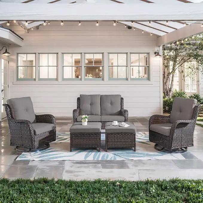 5 Piece Outdoor Patio Furniture Set - Wicker Furniture Patio Conversation Set, Outdoor Swivel Rocker Chairs with Loveseat Sofa and 2 Ottomans for Small Space, Gray Cushion by GreenHaven Gardens