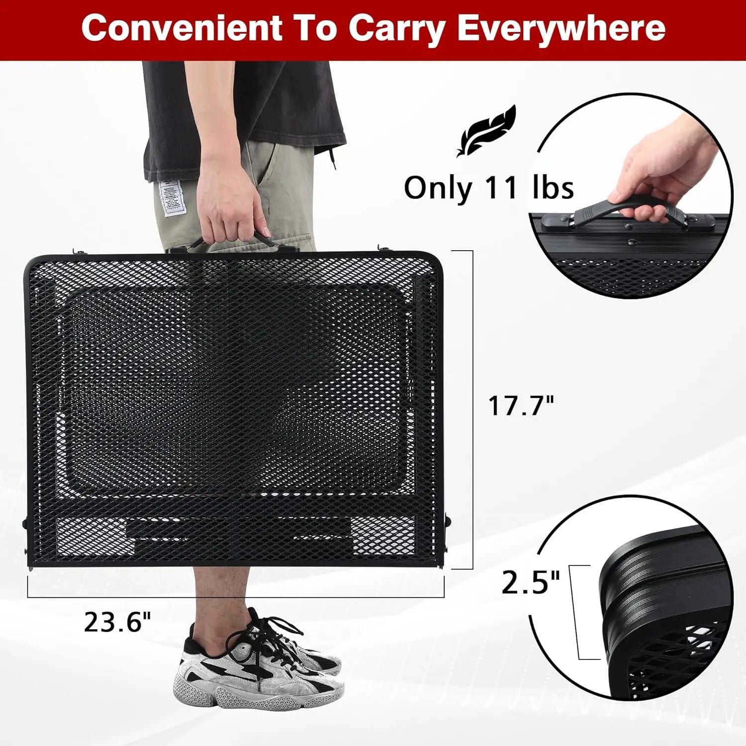 Folding Grill Table, 3x2 FT Portable Camping Table with 2 Wing Panels, Height Adjustable Metal Tables with Mesh Desktop and Mesh Bag, Outdoor Furniture for Camping, Picnic, Beach and BBQ, Black by GreenHaven Gardens