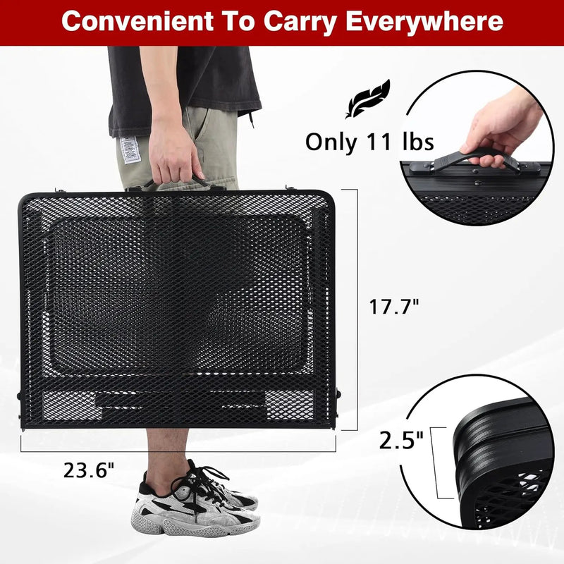 Folding Grill Table, 3x2 FT Portable Camping Table with 2 Wing Panels, Height Adjustable Metal Tables with Mesh Desktop and Mesh Bag, Outdoor Furniture for Camping, Picnic, Beach and BBQ, Black by GreenHaven Gardens