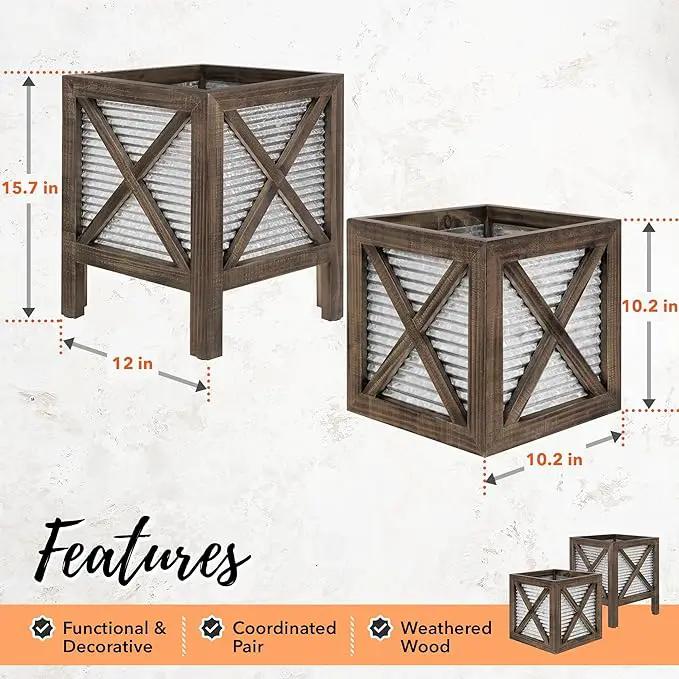 Autumn Alley Farmhouse Front Porch Planters Set of 2 Stand with Galvanized Corrugated Metal Planters for Outdoors/Indoors - Rustic Wood Square Planters Box on Legs – Charming Farmhouse Décor, Brown by GreenHaven Gardens