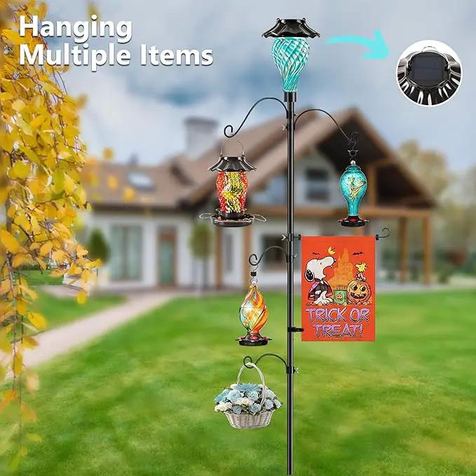 Solar Shepherds Hooks with Hand Blown Glass Lamp, Decorative RGB Lights, 4 Hooks & 1 Flag Holder, Heavy Duty Pole for Hanging Hummingbird Feeder, Bird Feeder, Wind Chime, Plant, Lantern (Teal) by GreenHaven Gardens