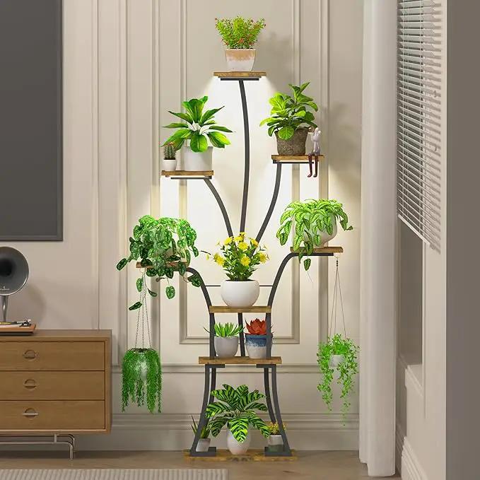 64" Tall 8 Tiered Plant Stand Indoor with Grow lights Large Tree Shape Decorative Rack Plant Pot Holder Gardening for Living Room Corner Black by GreenHaven Gardens