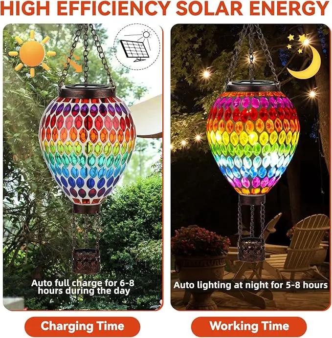 VOREEN Hot Air Balloon Solar Lantern, Mosaic Solar Outdoor Hanging Wind Light, Waterproof, Patio Festive Decor, Easter Gifts for Mom Father Grandma, Rainbow Pattern by GreenHaven Gardens