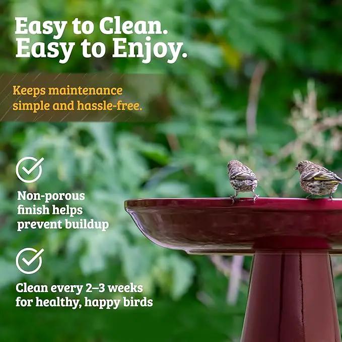 Birds Choice Ohio Stoneware Bird Bath | Pedestal Bird Bath, Stable Locking Top | Weather-Resistant Ceramic Clay, Glazed Finish | Outdoor Garden & Patio Decor | 22" H x 17" D, Burgundy by GreenHaven Gardens