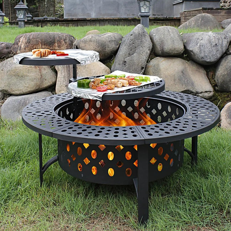 42 Inch Fire Pit with 2 Grills, Extra Large Wood Burning Fire Pits for Outside with Lid & Poker, Heavy Duty Firepit,BBQ& Outdoor Firepit & Round Metal Table 3 in 1 for Patio, Picnic, Party by GreenHaven Gardens