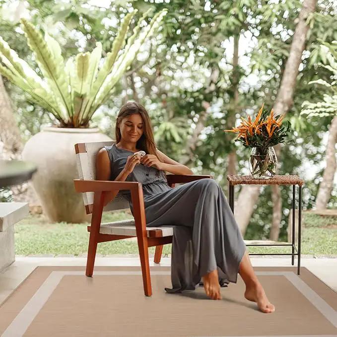 CAMILSON Outdoor Rug 9x12, Large Modern Outside Rugs for Patios Porches Waterproof Durable Washable Non-Shedding, Easy-to-Clean Indoor Outdoor Area Carpet (9 x 12, Bordered - Beige/White) by GreenHaven Gardens