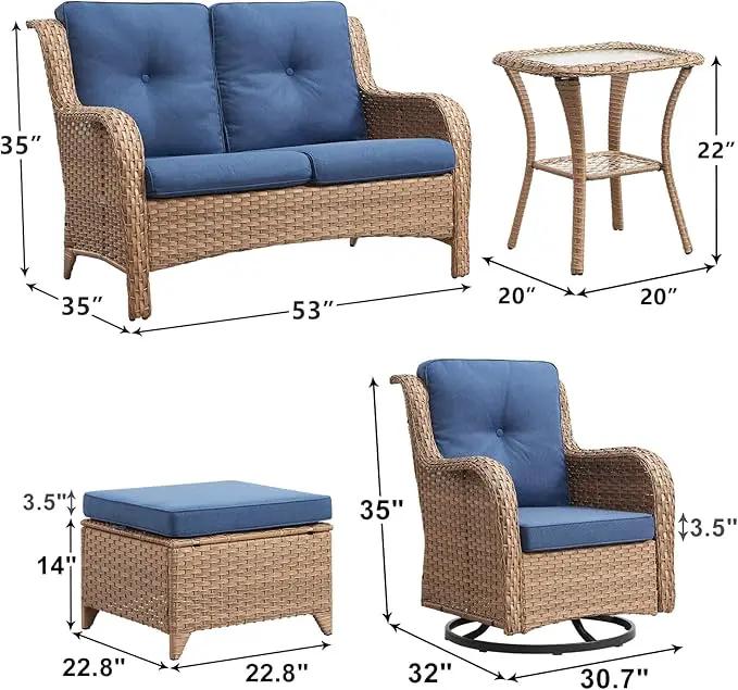 Outdoor Wicker Patio Furniture Set - 6 Piece Rattan Patio Conversation Set with 2 Rocking Swivel Chairs,2 Ottomans,1 Loveseat and 1 Side Table for Porch Deck Backyard Garden(Yellow/Blue) by GreenHaven Gardens