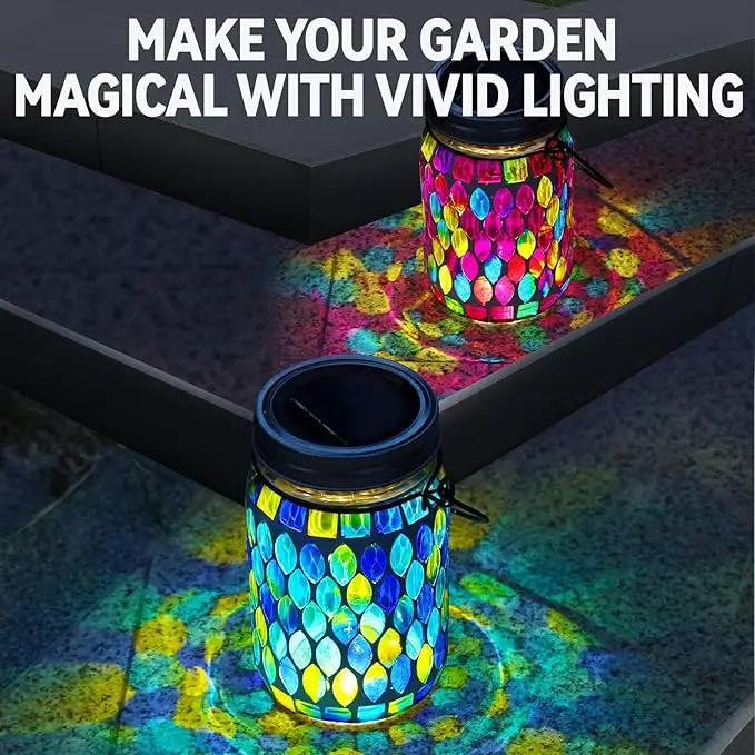 VOREEN 2 Pack Mosaic Solar Lanterns, Outdoor Glass Hanging Lights, Solar Table Lamps, Waterproof Night Lights, Jar Lights Easter Gifts, Decoration for Garden, Patio, Yard, Balcony, Blue&Red by GreenHaven Gardens