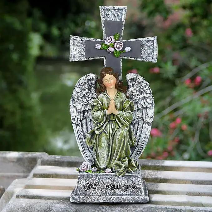Yiosax-Solar Angels for Cemetery-Garden Statue Lights Decor - Before The Cross on One Knee Wings Praying Angel Figurine Bless You Cemetery Patio Lawn Yard Porch Decorations by GreenHaven Gardens