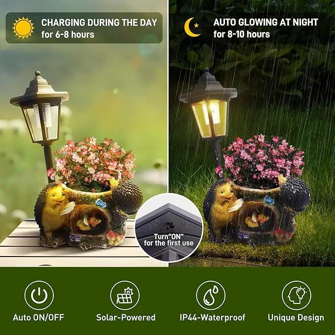 Outdoor Hedgehogs Statues Solar Sculptures with Solar Lights and Flowerpot Funny Garden Decor Animal Figurines Resin Outdoor Statues for Patio Yard Lawn Balcony Gifts by GreenHaven Gardens
