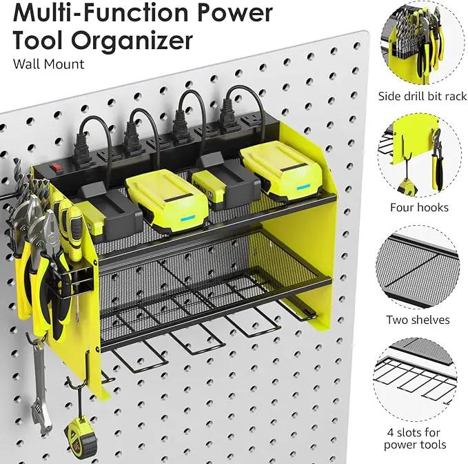 CCCEI Set Power Tool Organizer Wall Mount with Charging Station. Garage 4 Drill Storage Shelf with Hooks, Heavy Duty Metal Tool Battery Charger Organizer. Shop Utility Rack with Power Strip Green. by GreenHaven Gardens