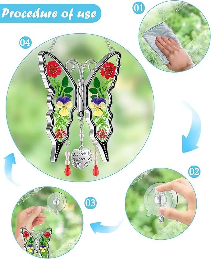 KY&BOSAM Butterfly Suncatcher A Special Teacher Stain Glass Suncatchers for Window Hanging Wind Chime with Pressed Flower Wings in Glass and Heart Charm Birthday Gift for Teacher`s Mother`s Day Gifts by GreenHaven Gardens