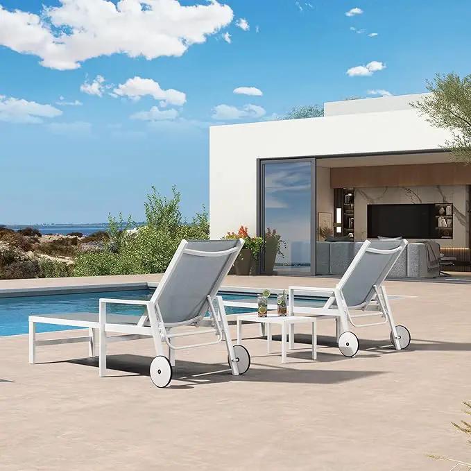 PURPLE LEAF Outdoor Lounge Chairs Set of 4 White Aluminum Chaise Lounge Chair Outdoor with Wheels and Armrest for Patio Deck Pool Side Table Include, Bluish-Gray by GreenHaven Gardens