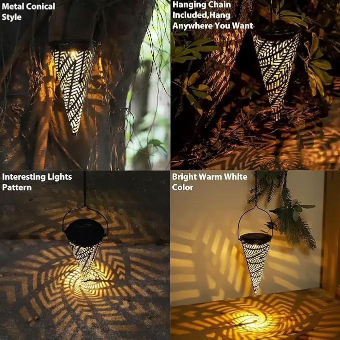 Outdoor Decorative Solar Hanging Lights with Delicate Hollow Conical Lantern Design - Set of 3 Chandelier for Patio, Tree, Garden, Yard, Porch, Backyard Pathway and Christmas Decoration. by GreenHaven Gardens