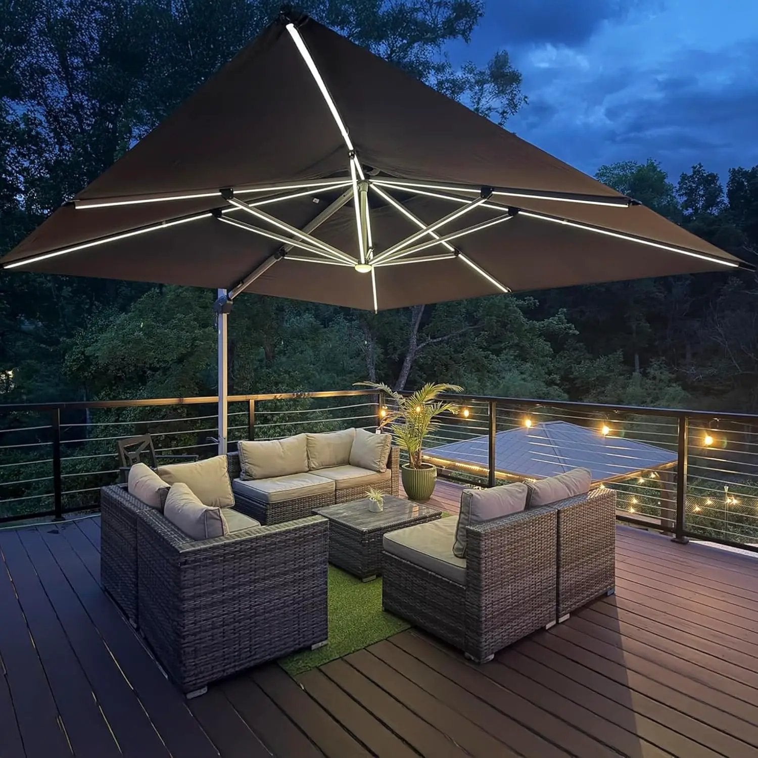 PURPLE LEAF 9' X 12' Solar Powered LED Patio Large Umbrella Offset Double Top Hanging Umbrella Outdoor Market Umbrella for Garden, Slate Gray by GreenHaven Gardens