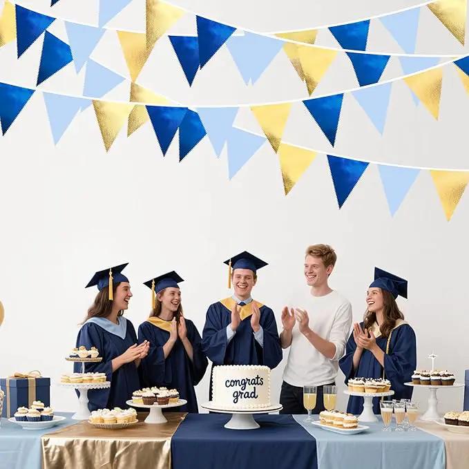 Gold Blue Party Decoration Gradient Blue and Gold Triangle Pennant Banner Flag Metallic Fabric Bunting Garland for Nautical Ahoy Achor Birthday Graduation Retirement Wedding Baby Shower Party Supplies by GreenHaven Gardens