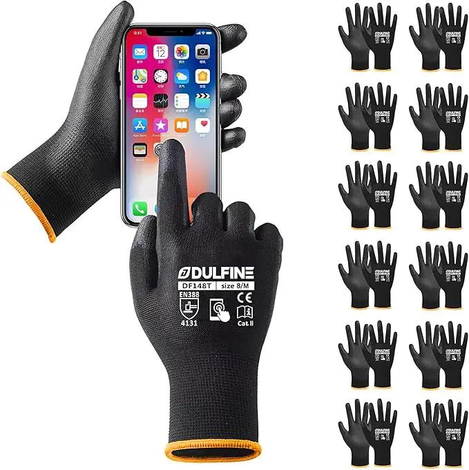 DULFINE Safety Work Gloves PU Coated for Men and Women-12 Pairs,Black Seamless Knit Glove with Two Fingers Touchscreen,Ideal for General Duty Work (Medium) by GreenHaven Gardens