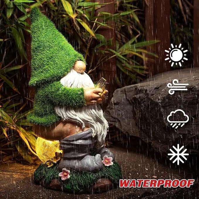 Garden Gnome Statues - Resin Gnome Figurine Sitting on Solar Crackle Glass Globe Lights, Funny Garden Gnome Ornament for Patio Yard Lawn Porch Outdoor Decor by GreenHaven Gardens