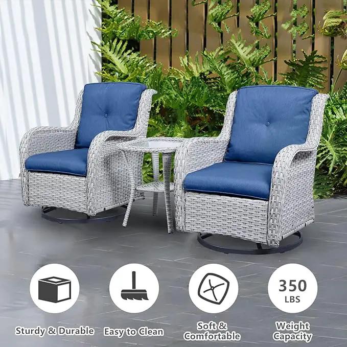 Outdoor Swivel Rocker Patio Chairs Set of 3,High Back Swivel Patio Chairs Wicker Furniture Set,2 PCS Rattan Swivel Rocking Chair with Side Table,Light Grey Wicker (A089-2) by GreenHaven Gardens