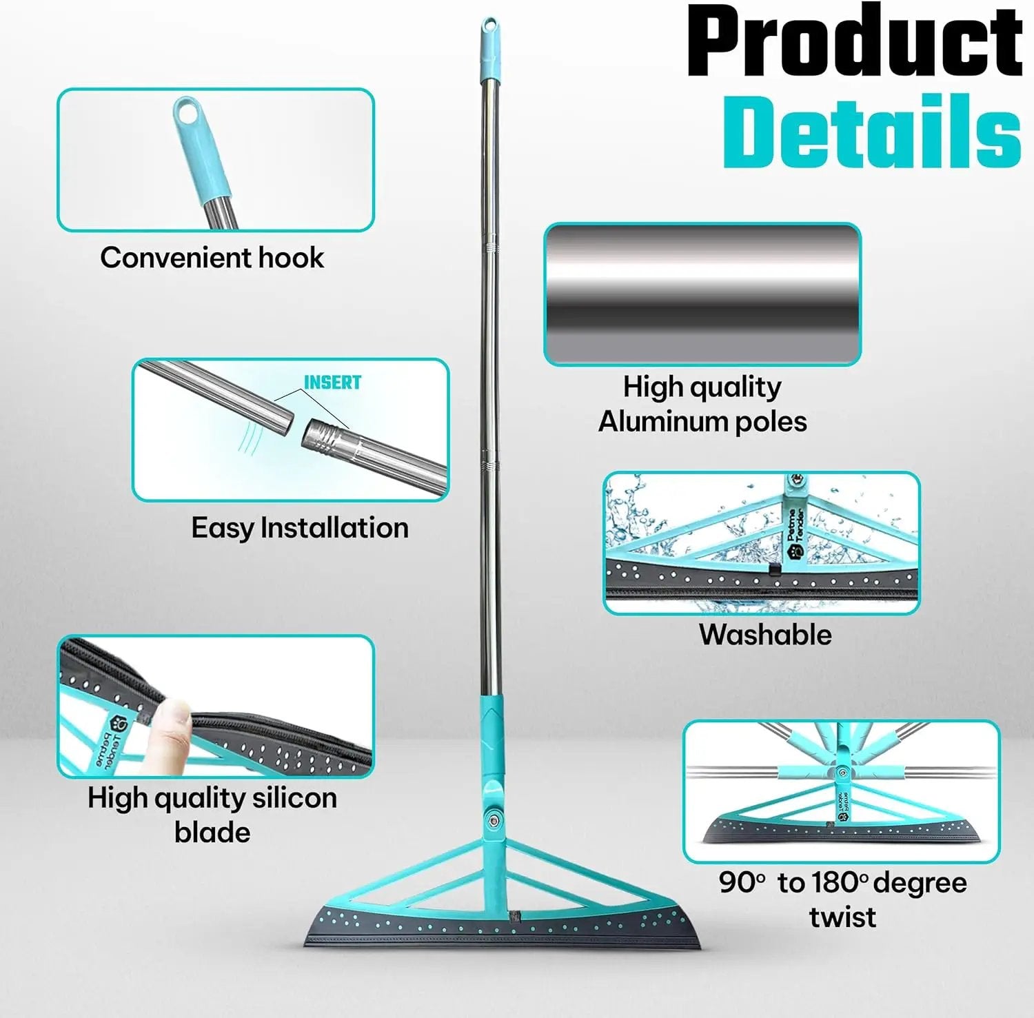 Magic Broom Squeegee Dog Pet Hair Remover, Rotatable, Height Adjustment - Silicone Broom Pet Hair Remover for All-Surfaces Hardwood Floors, Rugs, Tile, Glass, Liquid-Dirt with 50" Handle by GreenHaven Gardens