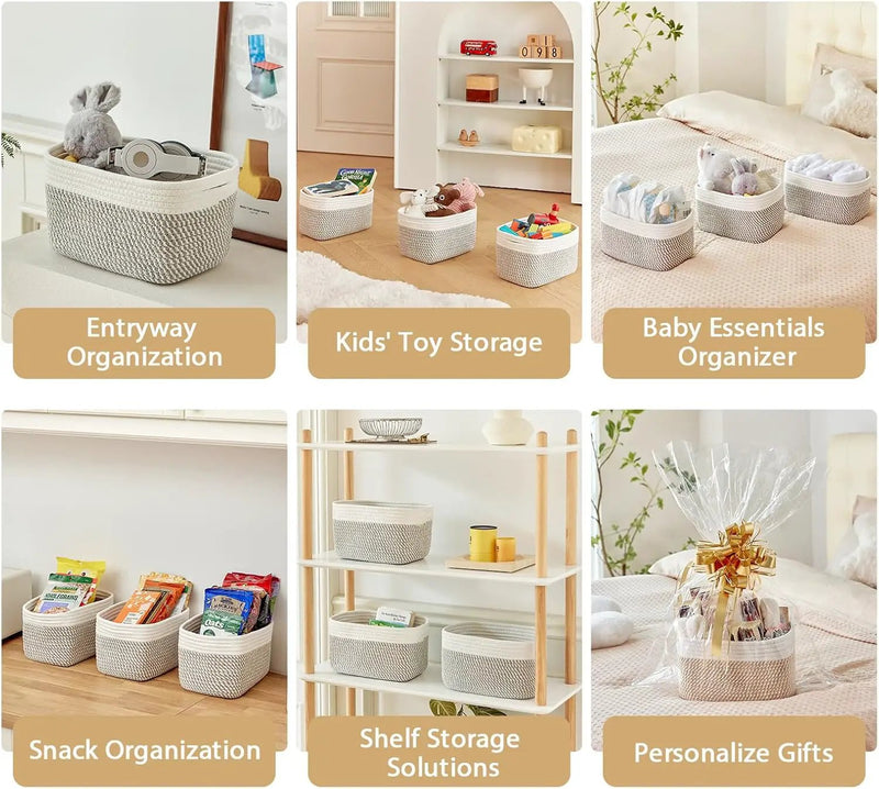 Small Cotton Rope Basket – Storage Bin for Organizing (10.6" x 6.7" x 6.7"), Bathroom Storage Basket for Shelf, Counter & Closet（White & Mixed Grey） by GreenHaven Gardens