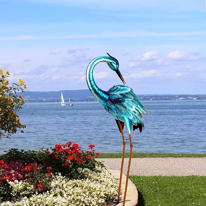 Chisheen Crane Metal Outdoor Blue Heron Sculpture Large Garden Heron Decoy Bird Statue Lawn Ornament for Backyard Pond Patio Porch Outside Decoration by GreenHaven Gardens