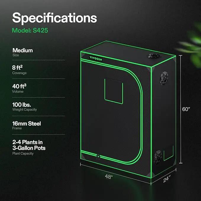 VIVOSUN S425 4x2 Grow Tent, 48"x24"x60" High Reflective Mylar with Observation Window and Floor Tray for Hydroponics Indoor Plant for VS2000 by GreenHaven Gardens