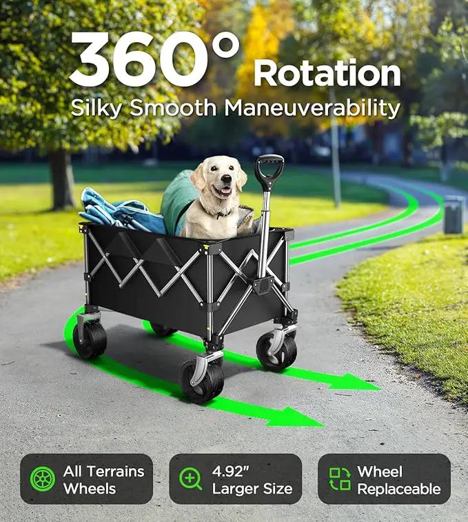 Beach Wagon,Collapsible Wagon 220lbs with Big Wheels FoldableWagon Carts,Portable Utility for Garden Grocery Sports Camping All Terrain-Black by GreenHaven Gardens
