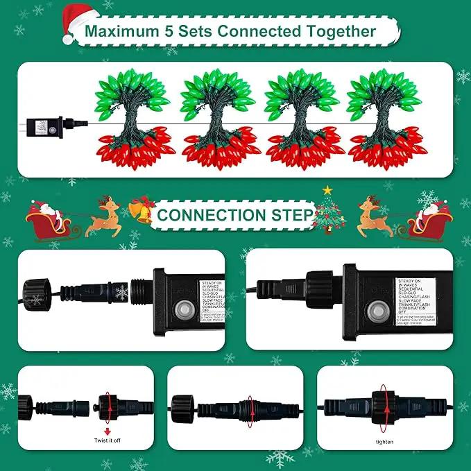C9 Bulbs Classic Christmas Lights - 50 LED 32ft Strawberry String Light Red&Green - Extendable 8 Modes Funtion with Timer Fairy Lighting for Outdoor, Indoor, Party, Home, Tree Decorations by GreenHaven Gardens