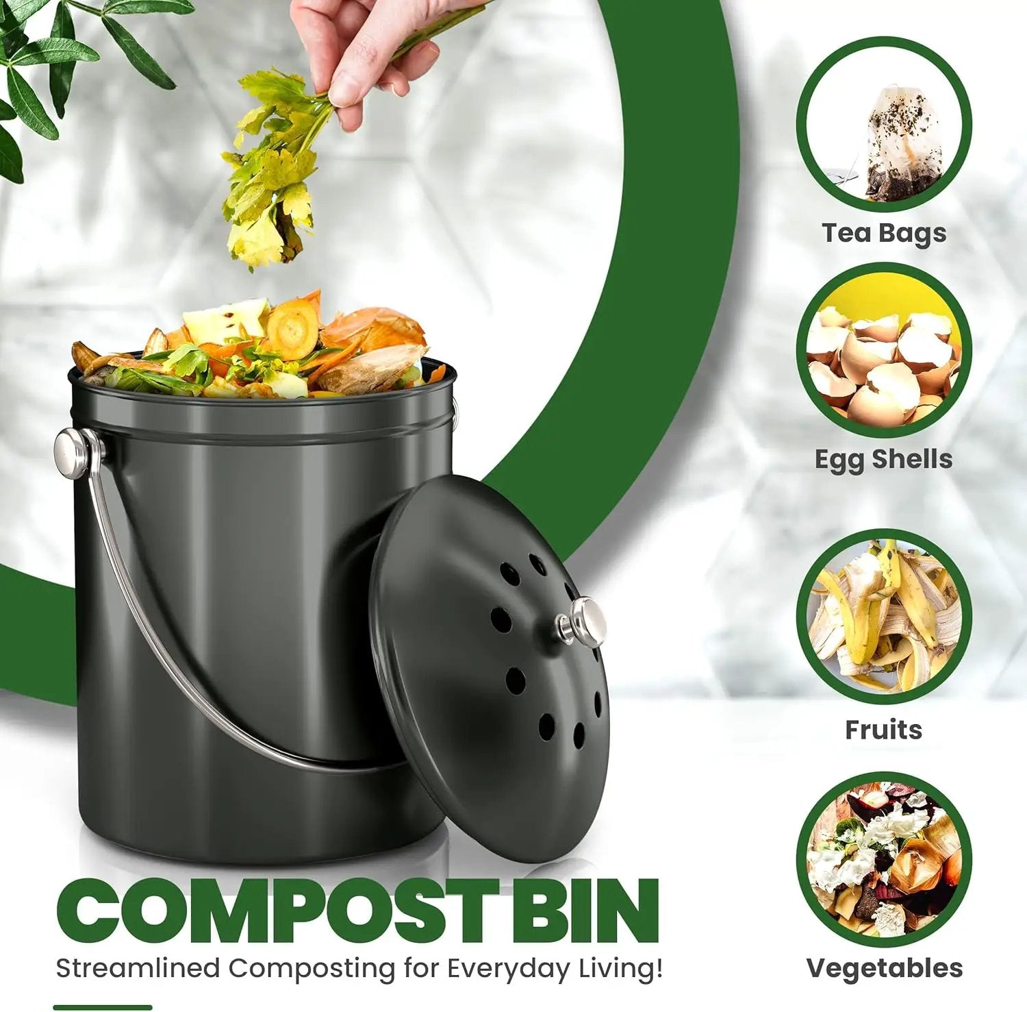 Utopia Kitchen Compost Bin for Kitchen Countertop, 1.3 Gallon Compost Bucket for Kitchen with Lid, Includes 1 Spare Charcoal Filter (Grey) by GreenHaven Gardens