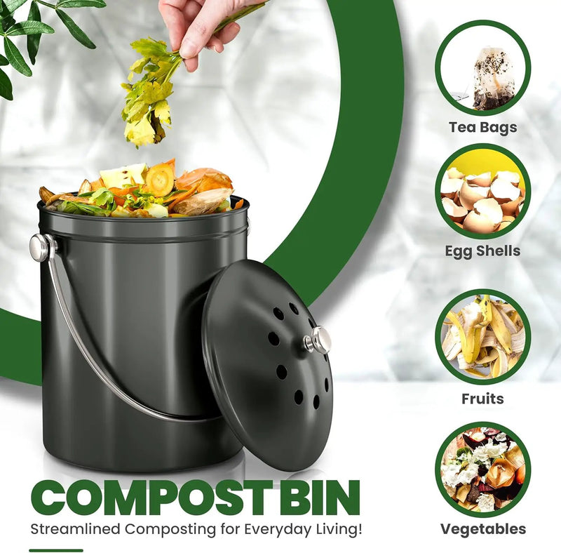Utopia Kitchen Compost Bin for Kitchen Countertop, 1.3 Gallon Compost Bucket for Kitchen with Lid, Includes 1 Spare Charcoal Filter (Grey) by GreenHaven Gardens